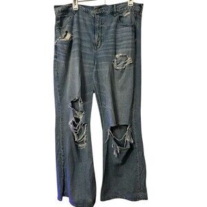 American Eagle Super High Rise Baggy Wide Leg Distressed Denim Jeans Size 14